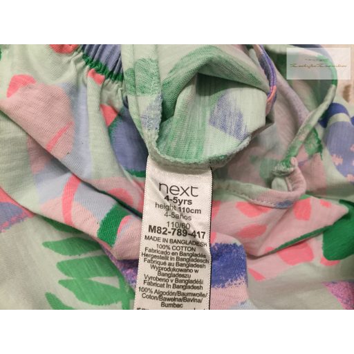 Next 4-5 év 110 cm halvány zöld,  színes levél és virágmintás vékony pamut lány playsuit- újszerű,hibátlan
