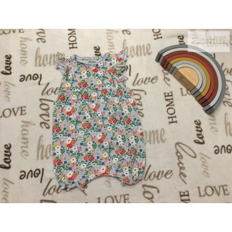   Next 9-12 hó 11 kg világoskék, fodros, színes virágmintás pamut lány playsuit- újszerű,hibátlan