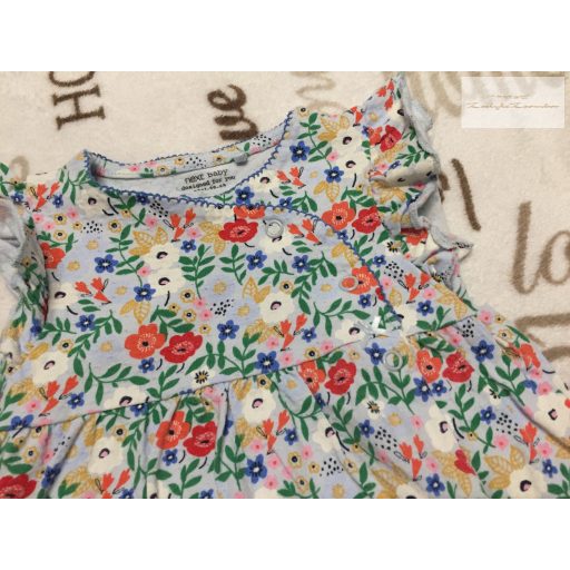 Next 9-12 hó 11 kg világoskék, fodros, színes virágmintás pamut lány playsuit- újszerű,hibátlan