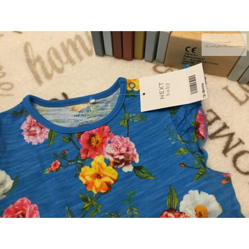 Next 2-3  hó 98 cm kék, rózsaszín fodros-virágmintás pamut lány playsuit/ napozó szett 2 db  - új,címkés, szettet bontottam