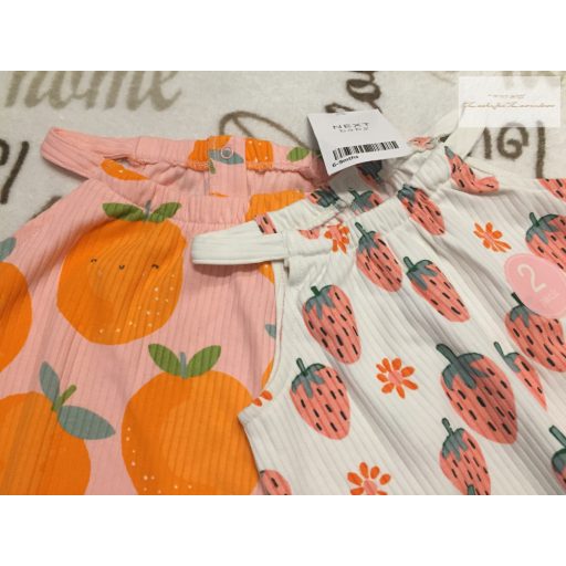 Next 6 -9 hó 9,5 kg  narancs -eper mintás vékony pamut lány playsuit/ napozó szett 2 db - új, címkés