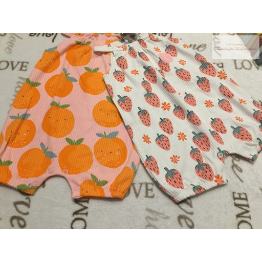 Next 6 -9 hó 9,5 kg  narancs -eper mintás vékony pamut lány playsuit/ napozó szett 2 db - új, címkés