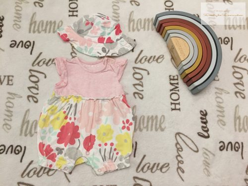 Nutmeg újszülöttre való 50 cm 3,5 kg  rózsaszín-virágmintás pamut lány playsuit és nyári kalap szett újszerű,hibátlan