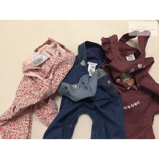 Next 3-6 hó  68 cm és Primark 62 cm  virág és cica mintás pamut béléses és bordó Daisy mintás lány playsuit/ kantáros nadrág szett  -újszerű, hibátlan