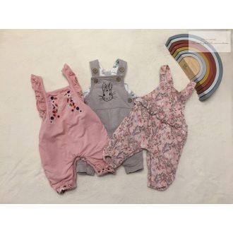   Mothercare, Next újszülött 3,4 kg 50-56 cm rózsaszín- bézs, nyuszi és  virágmintás pamut béléses puha mikrokord és pamut lány playsuit/ kantáros nadrág - újszerű,hibátlan