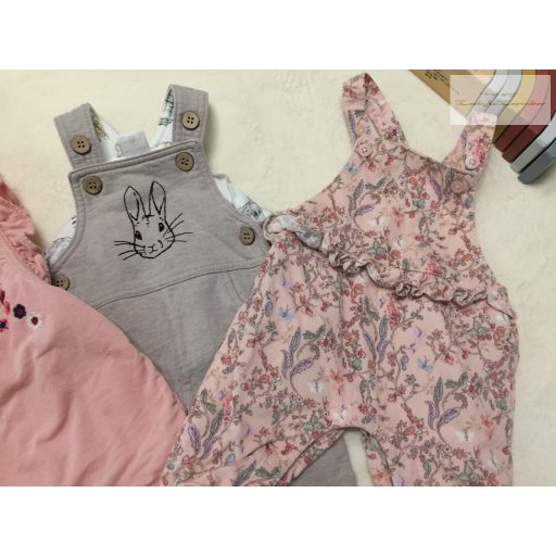 Mothercare, Next újszülött 3,4 kg 50-56 cm rózsaszín- bézs, nyuszi és  virágmintás pamut béléses puha mikrokord és pamut lány playsuit/ kantáros nadrág - újszerű,hibátlan