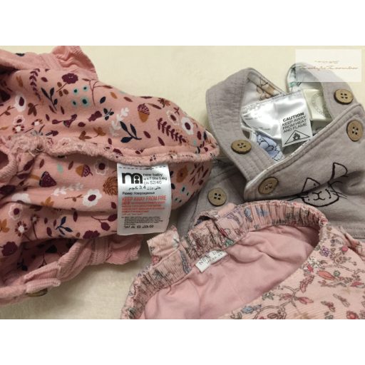 Mothercare, Next újszülött 3,4 kg 50-56 cm rózsaszín- bézs, nyuszi és  virágmintás pamut béléses puha mikrokord és pamut lány playsuit/ kantáros nadrág - újszerű,hibátlan