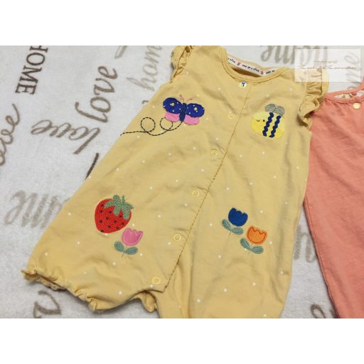 Next 3-6 és 6-9 hó  68 cm méhecske-pillangó-eper-szivárvány mintás pamut lány playsuit szett -újszerű,hibátlan