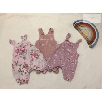   Next, George újszülött 3,4 kg 50-56 cm  virág -nyuszi-cica mintás  pamut- plüss lány playsuit/ kantáros nadrág  - újszerű,hibátlan