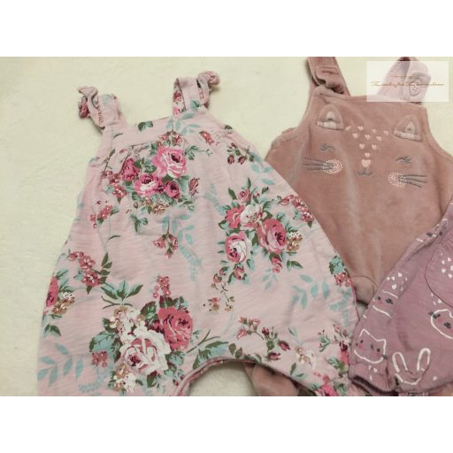 Next, George újszülött 3,4 kg 50-56 cm  virág -nyuszi-cica mintás  pamut- plüss lány playsuit/ kantáros nadrág  - újszerű,hibátlan