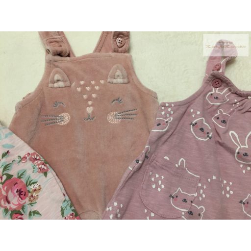 Next, George újszülött 3,4 kg 50-56 cm  virág -nyuszi-cica mintás  pamut- plüss lány playsuit/ kantáros nadrág  - újszerű,hibátlan