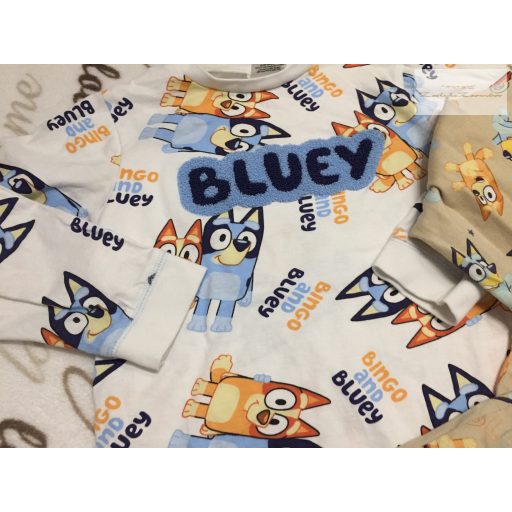 Bluey 5-6 év 110-116 cm fehér-tejeskávé Bluey-Bingo mintás vékonyabb pamut fiú pizsama szett 2 db - újszerű,hibátlan
