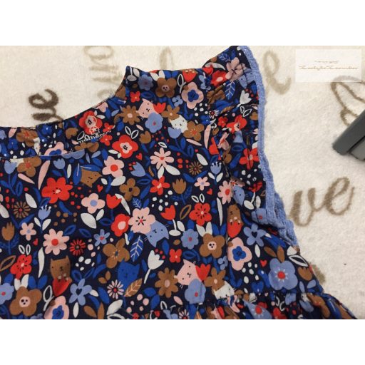 Mothercare 5-6 év 110-116 cm sötétkék, színes virág és cica mintás  lány ruha - újszerű,hibátlan