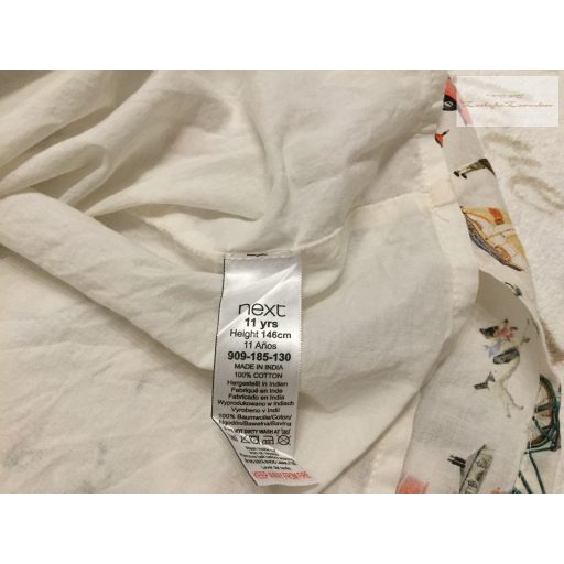Next 11 év 146 cm  tört fehér, színes jármű mintás vékony nyári lány alkalmi/ elegáns ruha újszerű,hibátlan