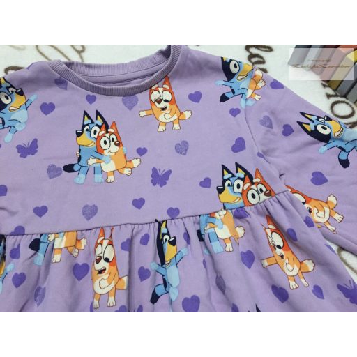 Bluey 3-4 év 98-104 cm lila, pillangó-szív- Bluey-Bingo mintás vastagabb pamut lány ruha - újszerű,hibátlan