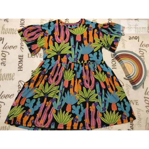 TU 10 év 140 cm sötétkék, színes virág és kaktusz mintás pamut lány ruha - újszerű,hibátlan