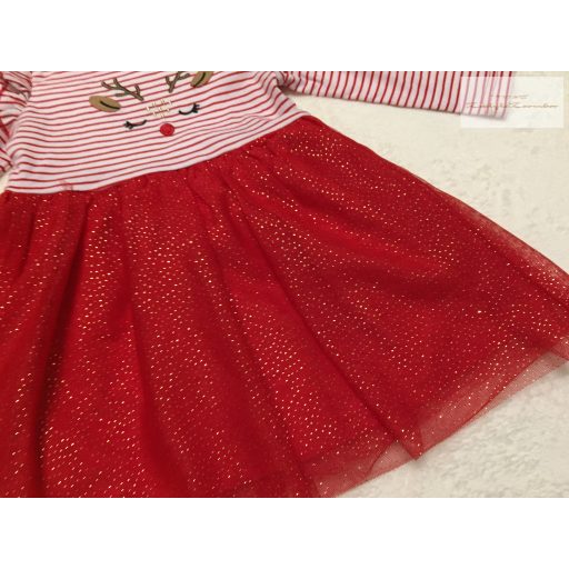 Primark 9-12 hó 74-80  cm piros csíkos - tüll szoknyás rénszarvas fej mintás pamut lány ruha - új, csak lecímkézve