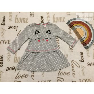   Baby Club6-9 hó 74 cm szürke, fehér pöttyös, cica fej mintás pamut lány tunika/ ruha - újszerű,hibátlan