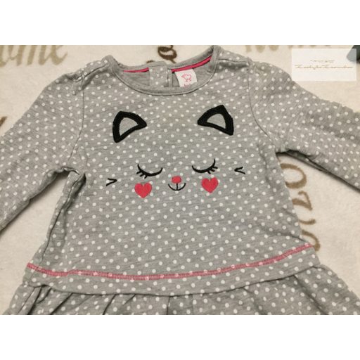 Baby Club6-9 hó 74 cm szürke, fehér pöttyös, cica fej mintás pamut lány tunika/ ruha - újszerű,hibátlan
