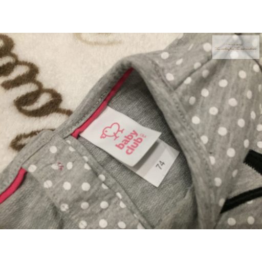 Baby Club6-9 hó 74 cm szürke, fehér pöttyös, cica fej mintás pamut lány tunika/ ruha - újszerű,hibátlan
