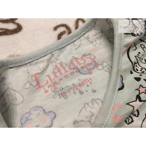 Lullaby 9-12 hó 74-80 cm halvány zöls, cica- kutya  mintás pamut lány ruha - újszerű,hibátlan