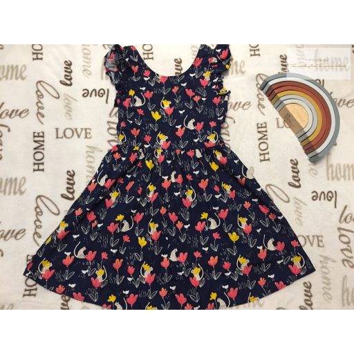 Orchestra 10 év 140 cm sötétkék, színes virág és cica mintás- fodros vékony nyári lány ruha - újszerű,hibátlan
