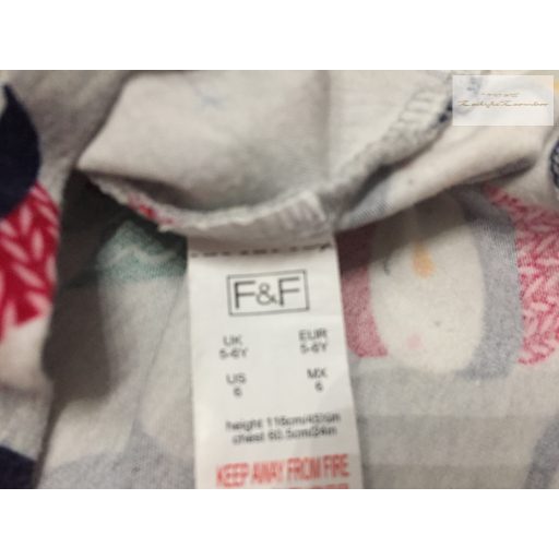 F§F 5-6 év 116 cm szürke, pingvin - hóember-fenyő mintás pamut lány karácsonyi ruha - újszerű,hibátlan