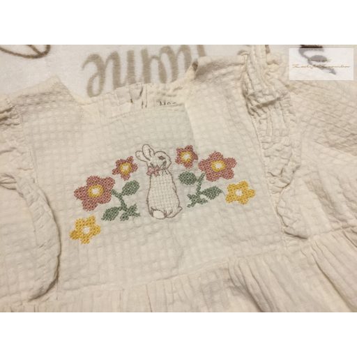 M§S 12-18 hó 83 cm bézs, nyuszi - virágmintás, alsószoknyás lány ruha újszerű, hibátlan