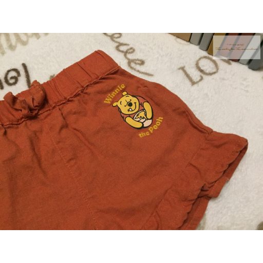 Disney at Primark 9-12 hó 74-80 cm barna, pici fodros, Micimackó mintás vékony lenvászon lány rövidnadrág-újszerű, hibátlan