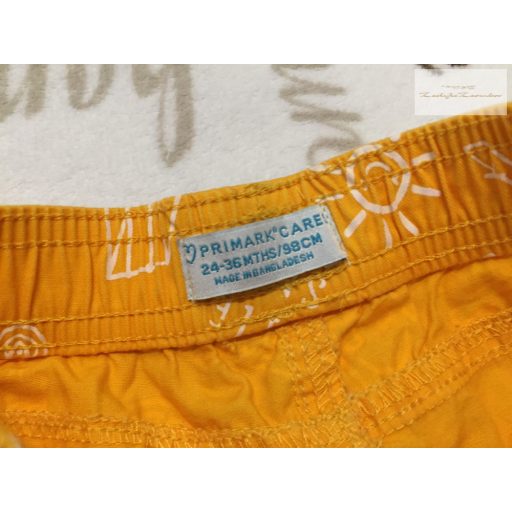 Primark 2-3 év 98 cm sárga, fehér jármű-dinó-nap mintás vékony puha farmer anyagú fiú rövidnadrág - újszerű,hibátlan