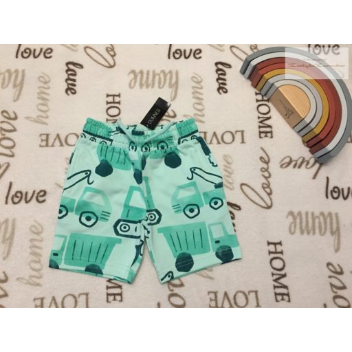 Dunnes 18 - 24 hó 92 cm. zöld, jármű mintás pamut fiú rövidnadrág új, címkés