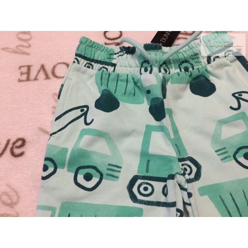 Dunnes 18 - 24 hó 92 cm. zöld, jármű mintás pamut fiú rövidnadrág új, címkés