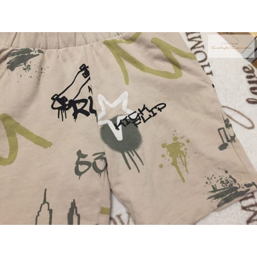 Matalan 11 év 146 cm  tejeskávé alapon khaki-fekete mintás pamut fiú rövidnadrág - újszerű,hibátlan
