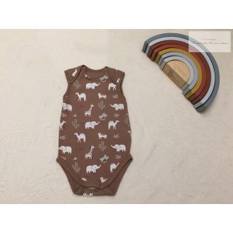   C§A 3-6 hó 68 cm barna, elefánt-teve-tigris mintás pamut fiú body- újszerű,hibátlan