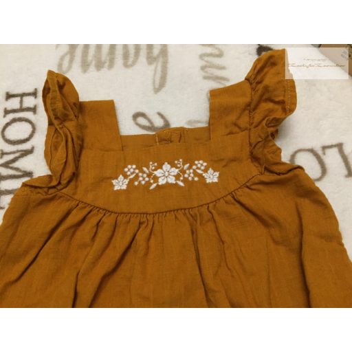Matalan újszülött 56 cm  barna, fodros-hímzett fehér virágmintás vékony lány napozó/ body-  újszerű,hibátlan