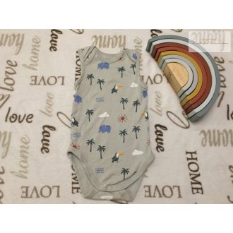   C§A 12-18 hó 86 cm szürke, elefánt-tukán-pálmafa mintás pamut fiú body újszerű,hibátlan
