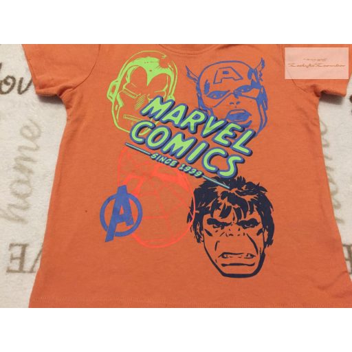 Marvel 18-24 hó 86-92 cm narancssárga,  Superhősök mintás pamut fiú felső új, címkés