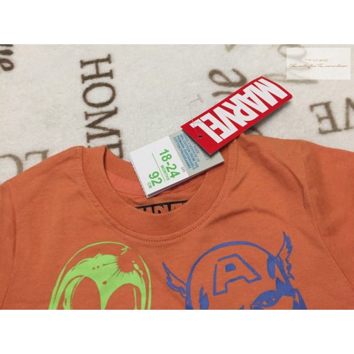 Marvel 18-24 hó 86-92 cm narancssárga,  Superhősök mintás pamut fiú felső új, címkés