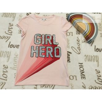   Bluezoo 8-9 év 134 cm flitteres Girl Hero feliratos pamut lány felső-újszerű,hibátlan