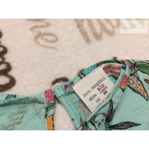 Zara 9-12 hó 80 cm kék, fodros, róka-bagoly mintás pamut lány  felső - újszerű,hibátlan