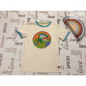   Little Bird (Next) 7-8 év 122-128 cm bézs, színes ház-fa-kacsa- farm mintás  pamut fiú felső - újszerű,hibátlan