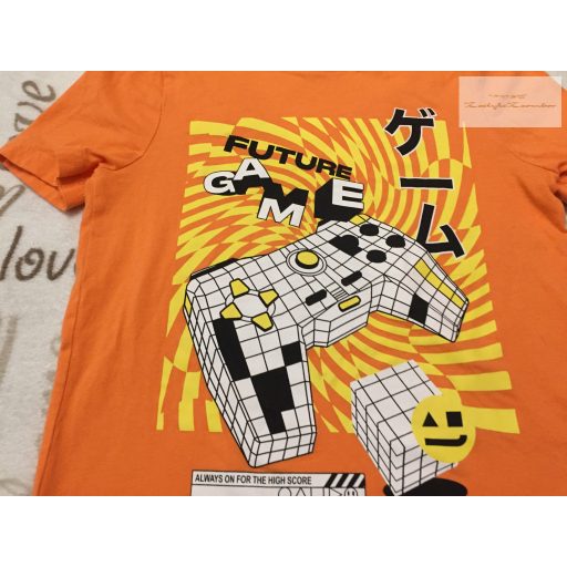 F§F 7-8 év 128 cm narancssárga, kontroller mintás pamut fiú felső - újszerű,hibátlan