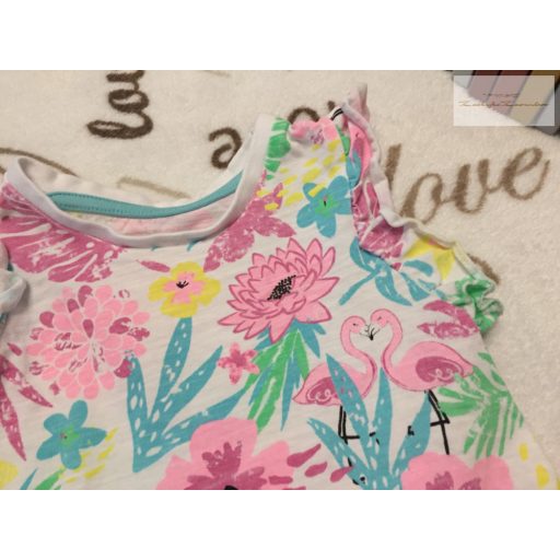 Matalan 9 -12 hó 74 -80 cm fodros, flamingó-virágmintás vékony pamut lány felső- újszerű,hibátlan