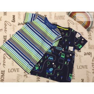   Next 6-7  év 122 cm kék, színes munkagép mintás és csíkos pamut fiú felső szett 2 db - új, címkés