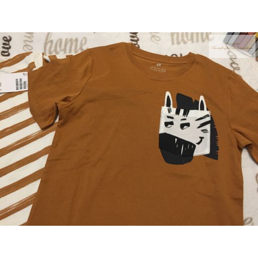 H§M 8-10 év 134-140 cm  barna csíkos és zebra fej mintás pamut fiú felső szett 2 db - új, címkés