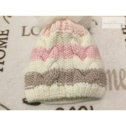 Nursery time up to 6 month 62-68 cm rózsaszín - fehér barna kötött, polár béléses téli lány sapka- újszerű,hibátlan