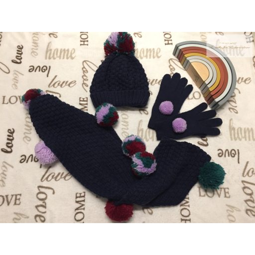 M§S 10-13 év 158 cm sötétkék kötött lány sapka-sál-kesztyű szett - újszerű,hibátlan