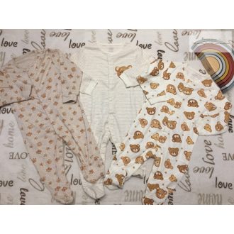  Pure baby (Next) 12-18 hó 80-86 cm bézs, maci fej-tappancs mintás pamut fiú rugdalózó 3 db - új, szettet bontottam
