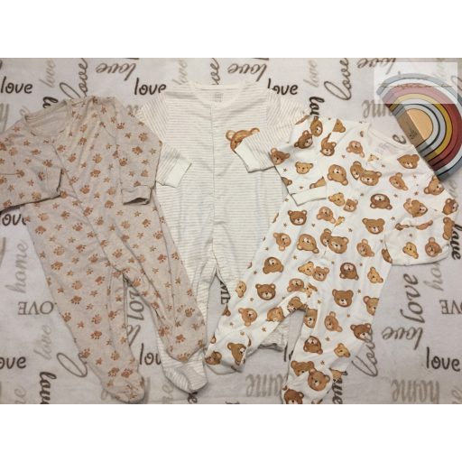 Pure baby (Next) 12-18 hó 80-86 cm bézs, maci fej-tappancs mintás pamut fiú rugdalózó 3 db - új, szettet bontottam