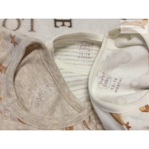 Pure baby (Next) 12-18 hó 80-86 cm bézs, maci fej-tappancs mintás pamut fiú rugdalózó 3 db - új, szettet bontottam